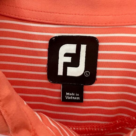 Footjoy FJ Performance Polo Shirt Mens L Melon Pink White Striped Stretch Golf - Picture 2 of 6
